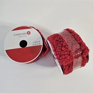 Christmas Gift Present Craft Set Of 2 Plush Wired Red Ribbon 2.5 Inches × 9 Ft